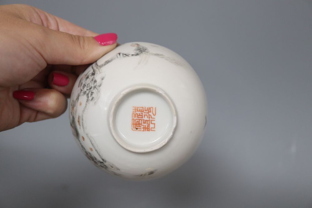 A Chinese enamel porcelain bowl, Daoguang mark and another bowl, various spoons and coral beads
